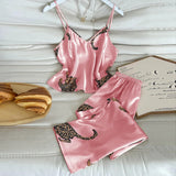 Women Sleepwear Summer Ice Silk Stain Comfortable 2pcs Pajamas Set V Neck Leopard Print Tops and Long Pants Loungewear