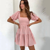 Foridol Square Collar Gingham Printed Women Casual Summer Short Dress Puff Sleeve A-line Pink Cute Fashion Outfit Vestidos