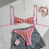 Crochet Striped Brazilian Bikini Women Swimsuit Female Swimwear Two-pieces Bikini Set High Leg Cut Bather Bathing Suit Swim Lady