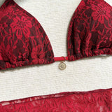Sexy Lace Micro Mini String Halter Bikinis Sets 3pcs with Cover Skirt Black and Red 2 Color Swimwear Swimsuit Bathing Suit