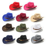 Women Men Wide Brim Floppy Cowboy Hat Western Style Wool Felt Flat Top Cap Classic Vintage Bowler Hat Party