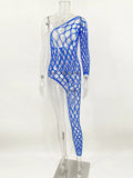 Toucheart Sexy Lingerie Women's Jumpsuit Shiny Diamond Fishing Net One-sleeved Leg Jumpsuit Sexy Hollow Out See-through Jumpsuit