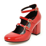 Brand New Big Size 43 Sweet Red Mary Jane Pumps Lovely 7cm High Heels Buckle Straps Party Shoes Black Office Lady Shoes Women