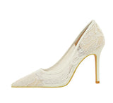 NASBAVI Sexy Lace High Heels Net Gauze Thin Heel Pointed Toe Slimming Nightclub Style Low Heel Single Shoes 41 42 43