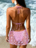 S - XL Mesh Skirt 3D Flowers Sequins Bikini Female Swimsuit Women Swimwear Three-pieces Bikini Set Bathing Suit Swim Beachwear