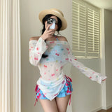 Sweet Vacation Bikini Set 2026 Women Long Sleeve Drawstring Cover Ups Pleate Short 4 Piece Swimsuit Beach Bathing Suit Swimwear