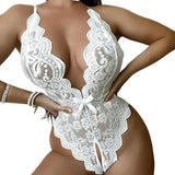Sexy Crotchless White Lingerie Lace Hollow Bodysuit Erotic Costumes Teddy Babydoll Dress Deep V Open Bra Porn Women's Underwear