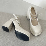 10cm Super High Heels Mary Jane Shoes Women Fashion Patent Leather Platform Pumps Woman Pearls Chain Ankle Strap Party Shoes