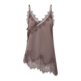 Women Summer Solid Color Lace Trimmed Camisole Fashion Spaghetti Strap Tank Top with Scalloped Hem