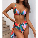 S - XXL Colorful Print High Waist Bikini Female Swimsuit Women Swimwear Three-Pieces Bikini Set Bather Bathing Suit Swim V2805