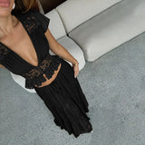 FDYOUI Sexy V-neck Lace Patchwork T-shirt Tops+Long Skirt 2 Piece Set Women's Summer Green Holiday Party Dress Suit Streetwear