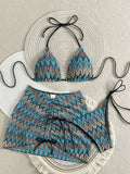 Sexy Drawstring Side Skirt 3 Piece Bikini Set Women Orange Striped Embroidered Print Swimwear High Waist Bathing Suit Swimsuit