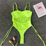 Neon Green Tummy Cut Out Female Swimwear One Piece Swimsuit Women Thong String Monokini High Leg Cut Bathing Suit Swim Bodysuit