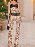 Women’s 2 Piece Sets Summer Sleeveless Lace Patchwork Corset Cami Tops + Pants Sets Mesh Sheer Sexy Party Streetwear