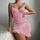 Ladies Sexy Lingerie Bra Erotic Set Transparent Deep V Lace Nightdress Women's Delicate Dress Summer Backless Hot Underwea Set