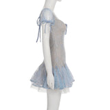 Dreamy and Western-style lace pleated princess dress with sparkling sequin design and puff-sleeved high-waisted dress.