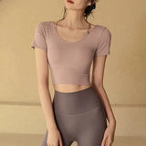 Women's Quick-Dry Yoga Sports Top with Chest Cushion Sexy Short-Sleeved Fitness T-Shirt Tight-Fitting Navel Revealing Yoga Suit