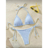 High Cut Leg Two-Pieces Bikini Set Bather Bathing Suit Swim Wrinkled Crinkled Halter Bikini Women Swimwear Female Swimsuit M125