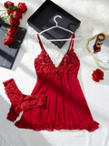 Summer Nightdress Women's Sexy Transparent Red Lace See Through Underwear Sleepwear Sleep Dress and Panty Sets Nighty