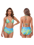 Women’s Two Piece Bikini Set Rose Hibiscus Floral Print Halter Tops with Fold Over Waist Shorts Summer Beach Wear