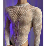 New American Style Fashion Men Vests Tops Crew Neck Sexy Hollow  Mesh Bodysuit Casual  Long Sleeve Tank Clubwear Party Costume