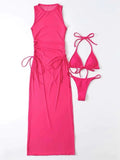 3 Pieces Thong Bikini 2026 Women With Dress String Swimwear Female Solid Swimsuit Beach Wear Bathing Swimming Suit Summer