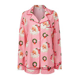 Women's Christmas Two Pieces Pajama Set Long Sleeve Lapel Santa Claus/Christmas Tree Print Shirt Shorts Loose Sleepwear