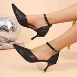 Sexy Black Mesh Pointed Toe Pumps Women Plus Size 43 Ankle Buckle High Heel Party Shoes Woman Embroidered Sequins Pumps Ladies