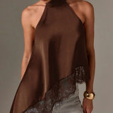 Solid Color Satin Halter Neck Vest for Women Summer Sleeveless Open Back Irregular Lace Hem Tank Tops