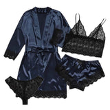 4PCS Women's Long Pajamas Set White Lace Satin Silk Night Lingerie Tops And Shorts Casual Sleepwear Loose Wedding Home Gown