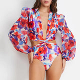 One Piece Swimsuit Sexy Long Sleeve Tropical Print Swimwear Women Bandage Monokini Hollow Out Bathing Suit String Beachwear 2023
