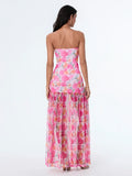 Women’s Tube Top Dress Bohemian Printed Strapless Mesh High Slit Long Dress Summer Evening Party Beach Sexy Club Dresses Summer