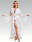 White Mesh Long Robe for Women Sexy See Through Sleepwear Plus Size Ruffled Belted Nightgown Lingerie