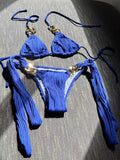 Halter Metal Rings Bikinis Wrinkled Bikini Female Swimsuit Women Swimwear Two-pieces Bikini Set High Cut Bathing Suit Swim Lady
