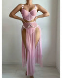 Women Sexy Lingerie Dress for Bow Knot Patchwork Mesh See-through Bra and Skirt Panties Set Underwear Erotic Lingerie