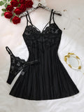 Black Retro Lace Netting Sleepwear Set - French Deep V Cross Straps See-Through sexy Pajama Thong Set ZA825096