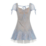 Dreamy and Western-style lace pleated princess dress with sparkling sequin design and puff-sleeved high-waisted dress.
