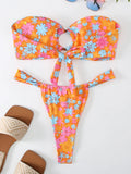 Ring Link Bandeau Bikini 2026 Floral Strappy Swimsuit Women Padded Swimwear Female Bathers Bathing Swimming Swim Suit Beachwear