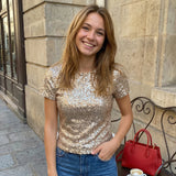 Women's Summer Solid Color Basic T Shirts Stylish Sequin Short Sleeve Round Neck Crop Tops for Casual Daily Wear