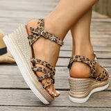 2025 Wedge Heel Leopard Print Sandals Women Fashion Crystal Flowers Thick Bottom Sandalias Mujer Cross Band Platform Sandles 43