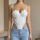 Summer White 3D Flower Camisole Vest Women Sexy Hanging Neck Transparent Mesh Embroidered Corset Slim Fit Fishbone Tank Tops