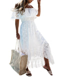 Women Bohemian White Long Dress Short Sleeve Off Shoulder Lace Ruffle Loose Dress Summer Holiday Beach Casual Dresses Female