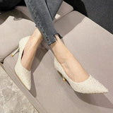 Fashion Tweed Cloth Stiletto Heel Pumps Women Elegant Pointed Toe High Heel Shoes Woman Brand Thin Heeled Party Dress Shoes