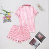 Large Size Women Pajamas Set Short-Sleeved Student Homewear Two-Piece Cardigan Lapel Senior Sense of Striped Short-Sleeved Short