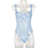 Toucheart Sexy Mesh Patchwork Embroidery Jumpsuit For Women Lace Sling Underwear Solid Color Sexy See-Through Backless Jumpsuit