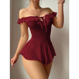 Large size pure lust style burgundy mesh jumpsuit one-shoulder ruffled sexy lingerie