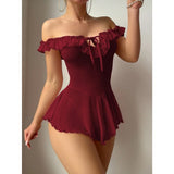 Large size pure lust style burgundy mesh jumpsuit one-shoulder ruffled sexy lingerie
