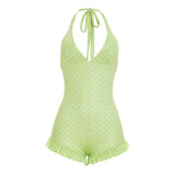 Women Halter Shorts Jumpsuits Summer Polka Dot Print V-Neck Backless Bodysuits Casual Sleeveless Rompers Club Streetwear