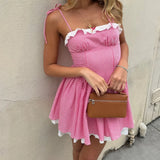 Summer Plaid Mini Cami Dress for Women Fashion Slim Ruffle Trim Tie-up Spaghetti Strap A-line Dresses for Daily Party