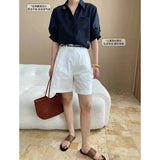 Turn-Down Collar Loose Short-Sleeve Shirt Women White Short Sleeve Shirt Chest Pocket V Neck Button Casual Summer Blouse H9EH